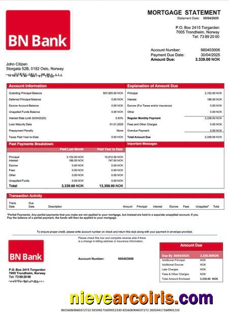 Norway BN Bank mortgage statement Word and PDF template